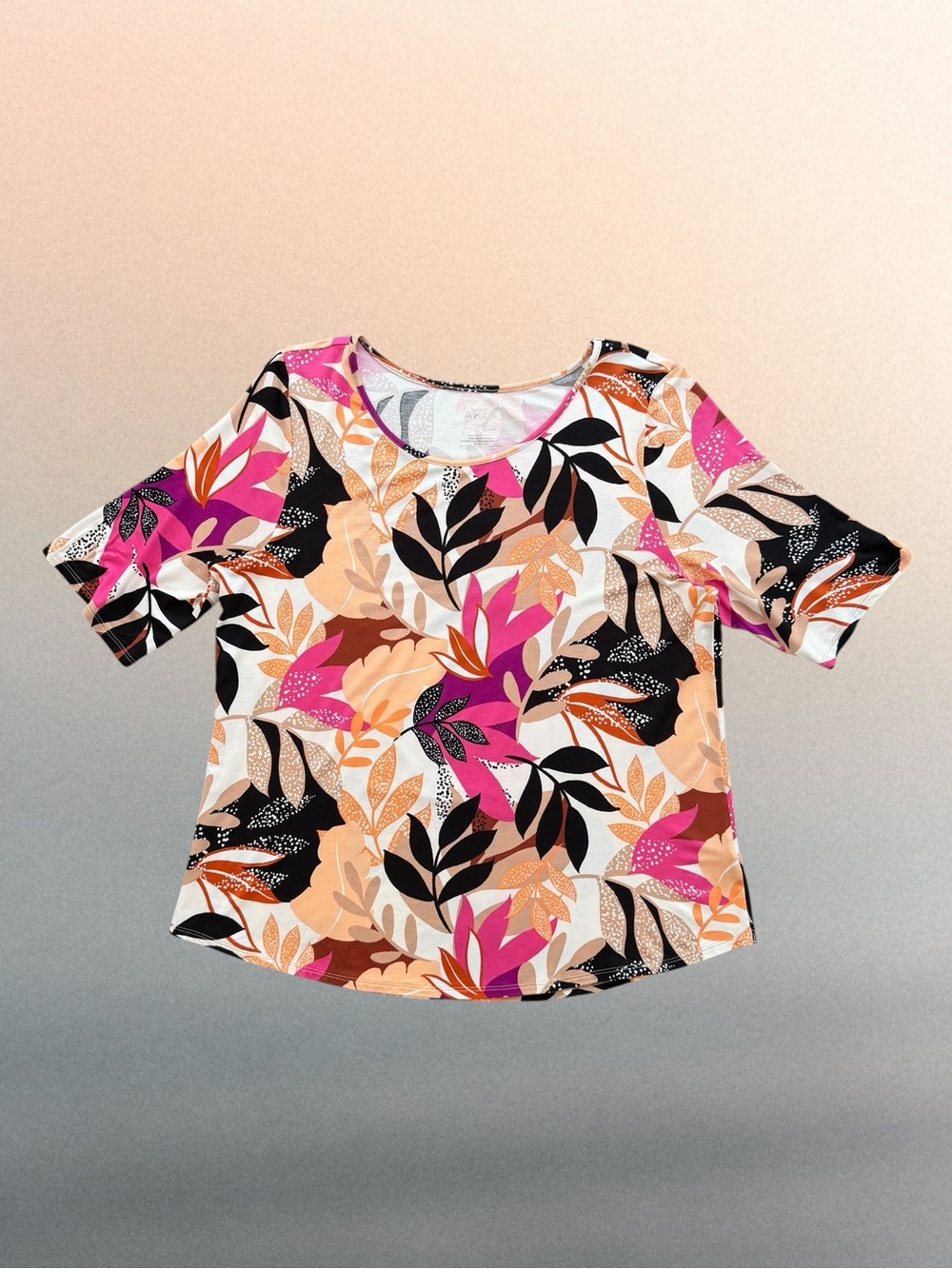 Apt. 9 Multicolor Botanical Leaf-Print Elbow-Sleeve Stretch Top Women’s XL